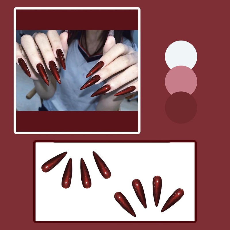 SINHOT Stiletto Press on Nails Extra Long Fake Nails with Glue Glossy False Nails with Red Designs Full Cover Almond Acrylic Nail 24 pcs - Image 3